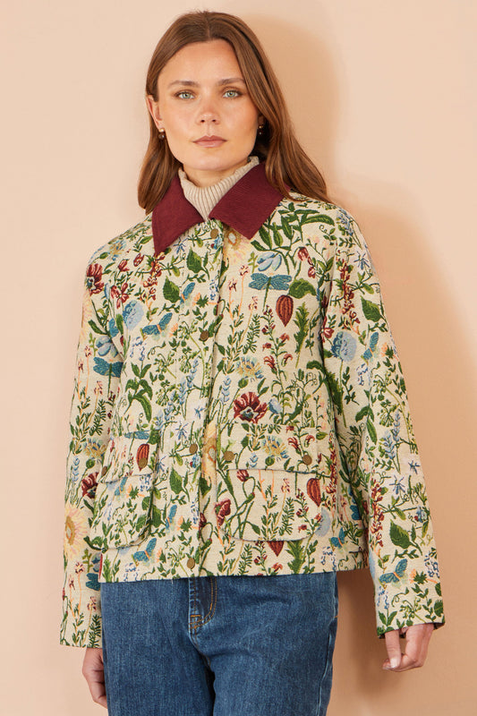 Yumi Ivory Botanical Woven Bomber Jacket