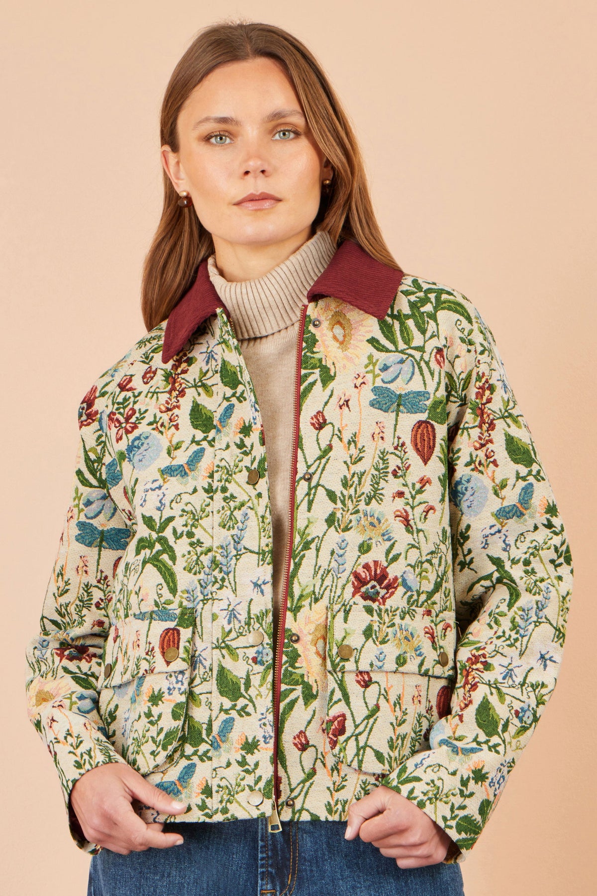 Yumi Ivory Botanical Woven Bomber Jacket