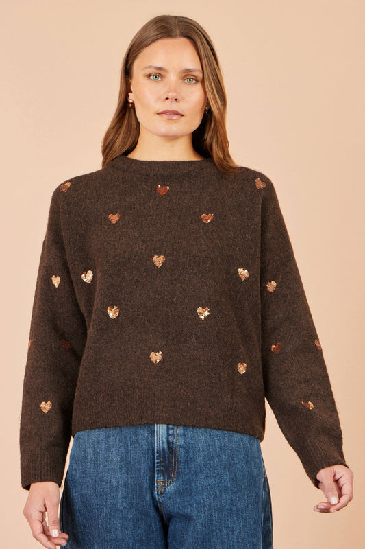 Yumi Brown Sequin Heart Relaxed Jumper