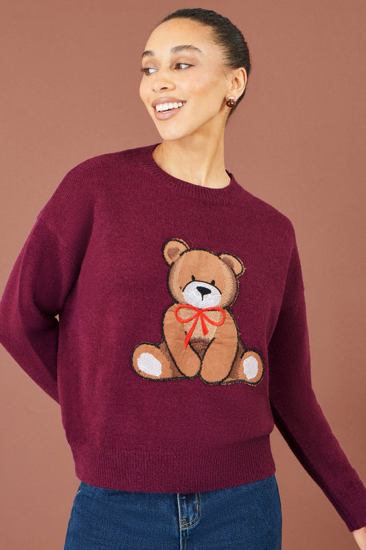 Yumi Burgundy Teddy Bear Relaxed Jumper