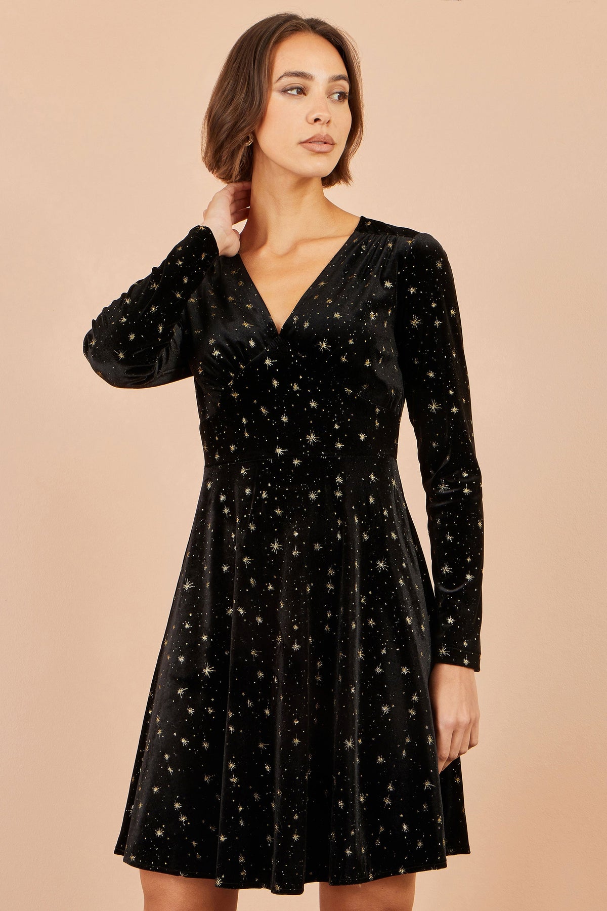Yumi Black Velvet Skater Dress With Foil Star Print
