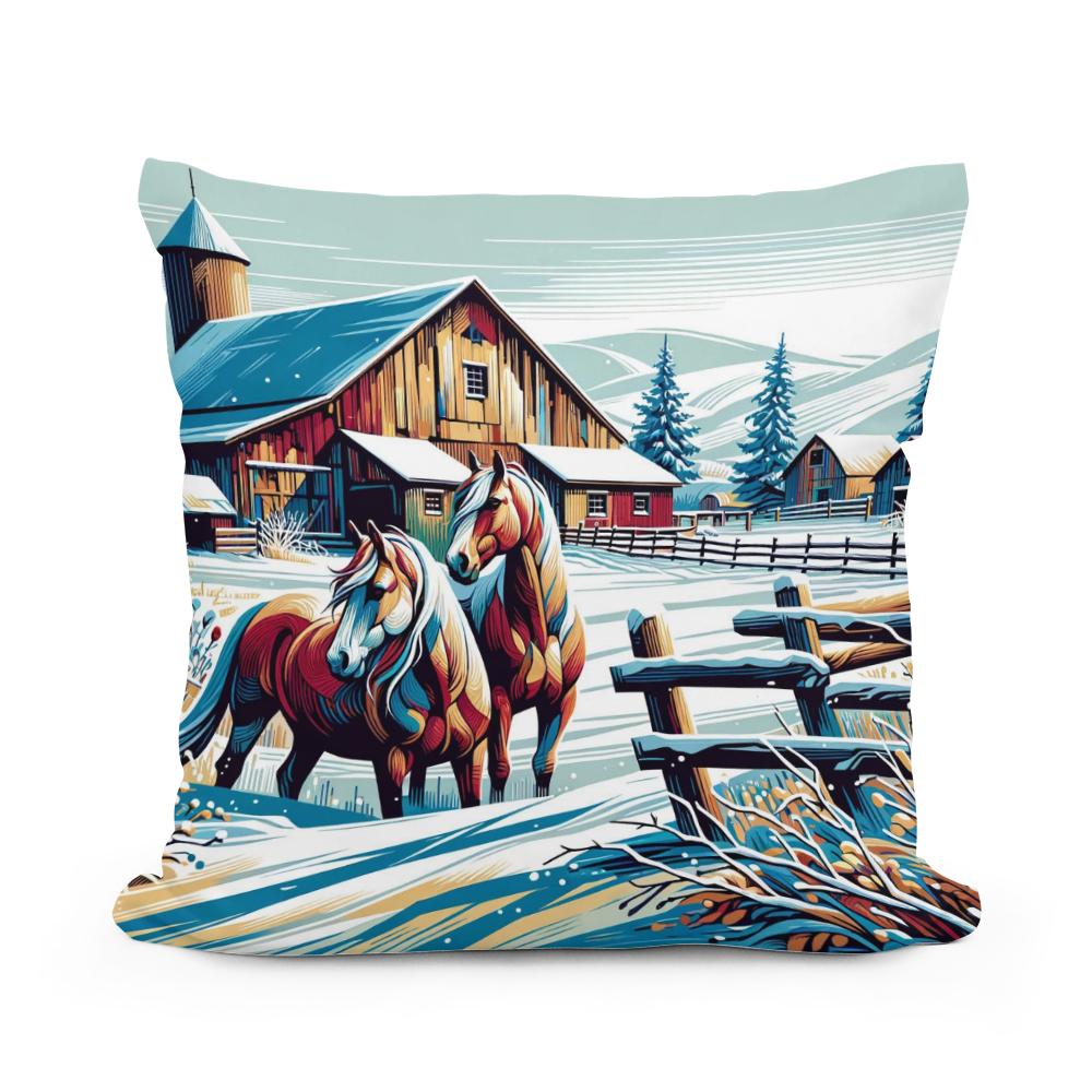 Whimsical Winter Farm Cotton Cushion