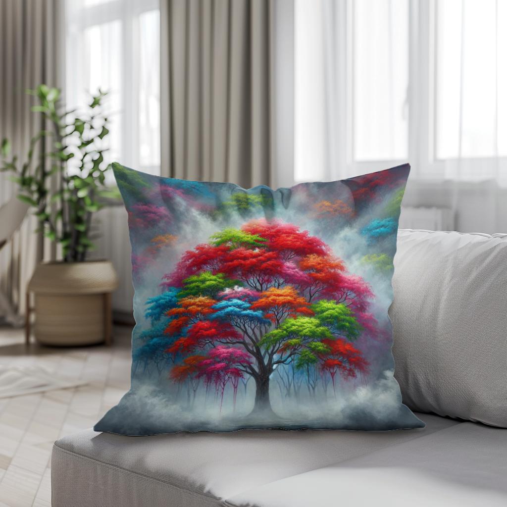 Vibrant Tree in Fog Cotton Cushion