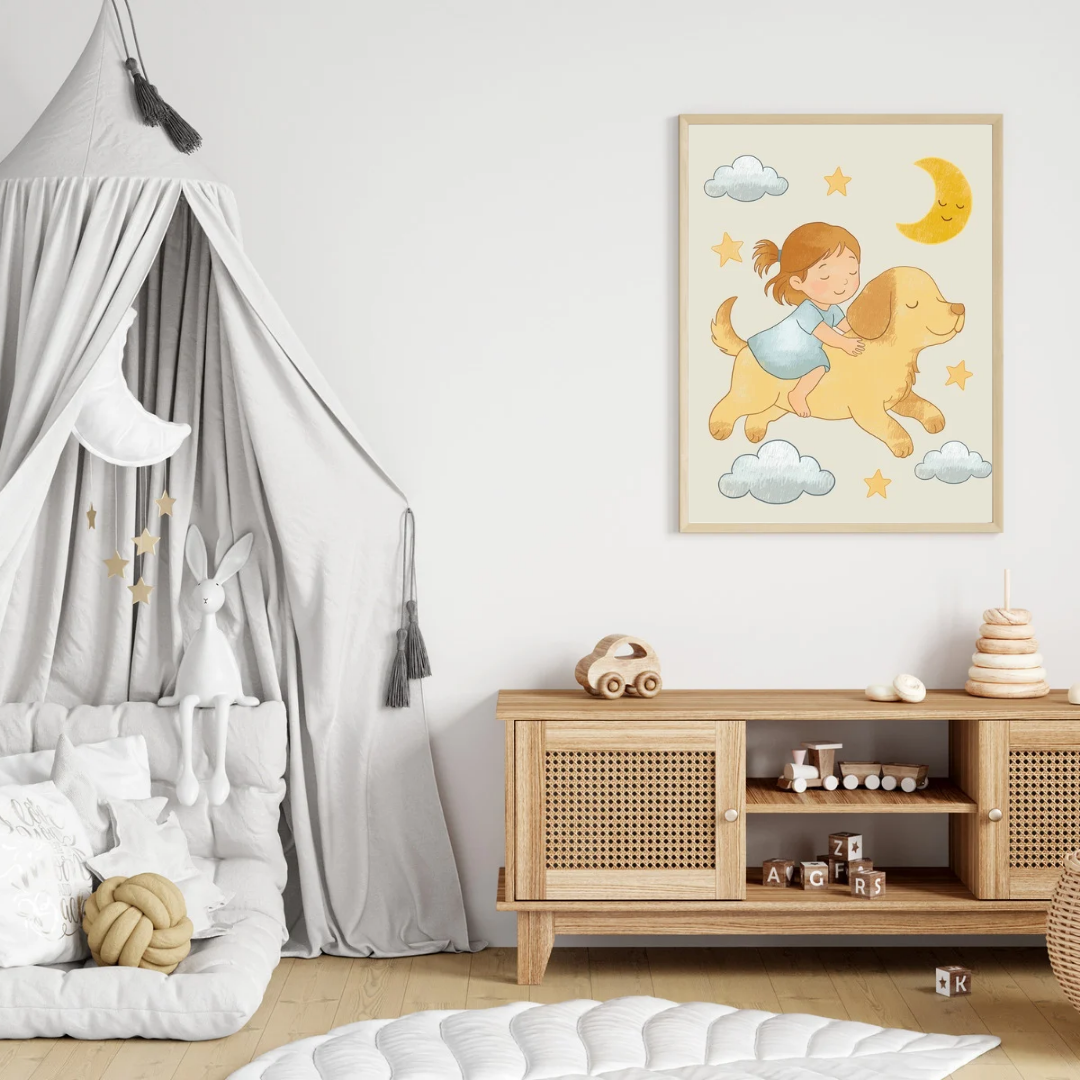 Floating with My Puppy – Whimsical Moon & Stars Wall Art for Kids