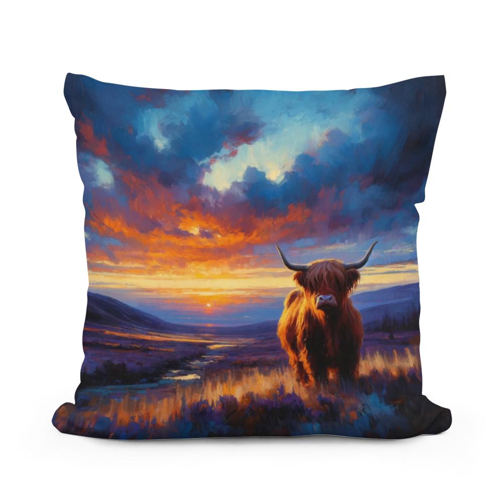 Twilight Contrast Highland Cow Cotton Cushion
