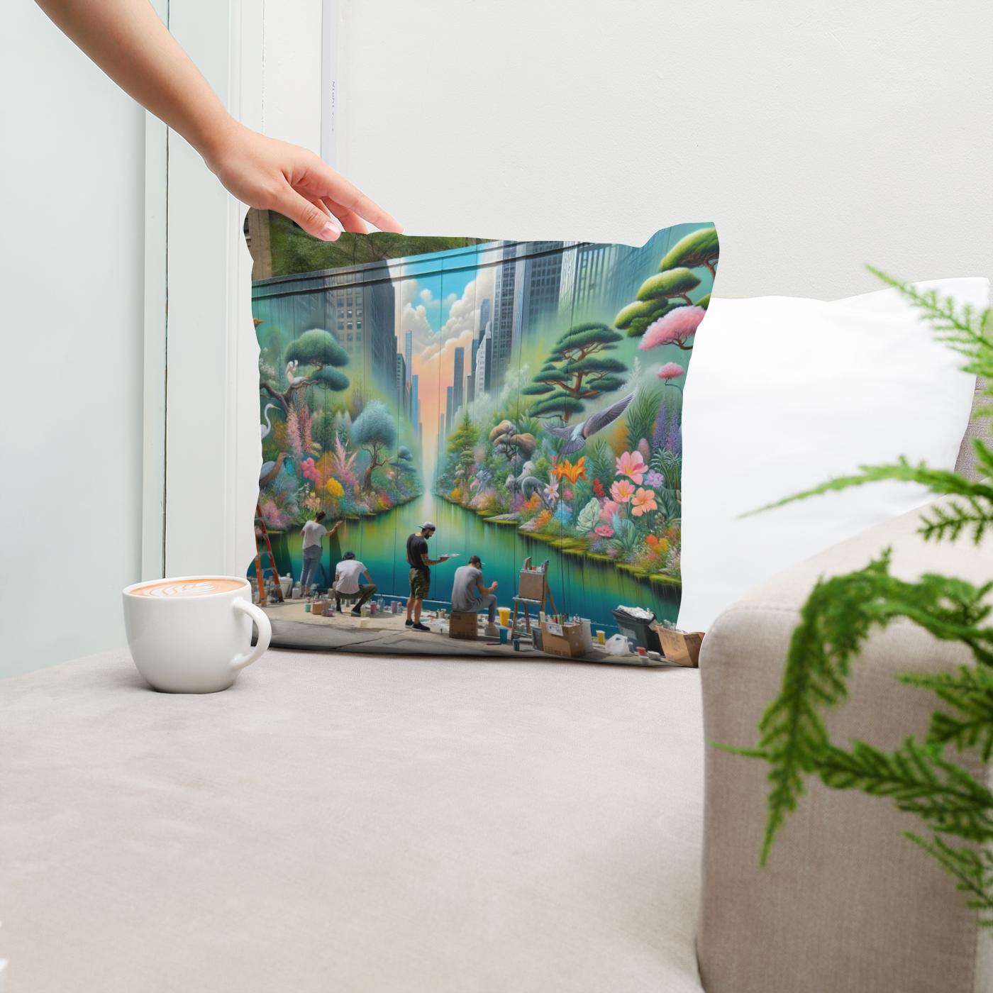 Urban Garden Mural Cotton Cushion