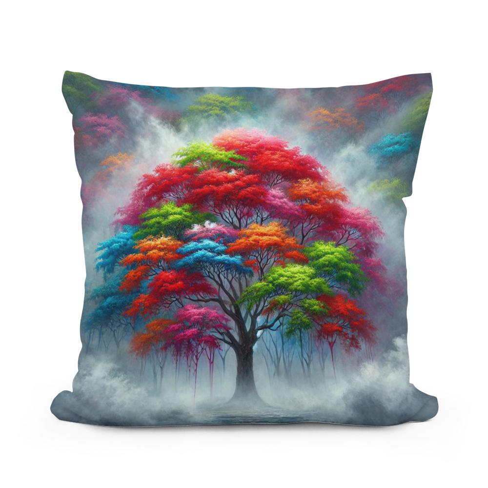 Vibrant Tree in Fog Cotton Cushion