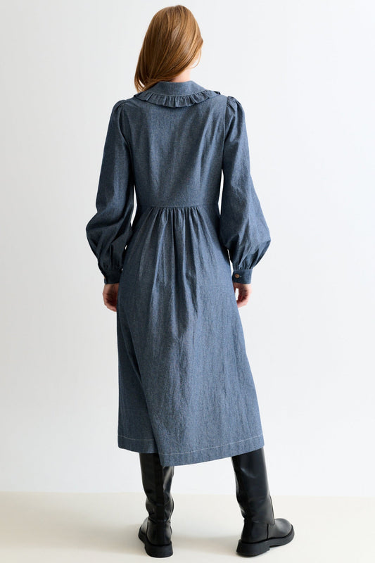 Zoya Chambray Zip Front, Frill Collar Midi Dress - Dark Grey