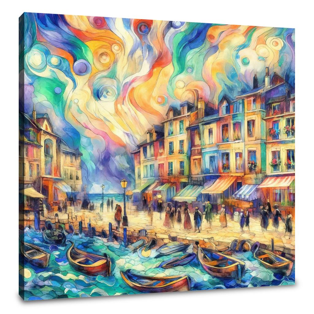 Whimsical Seaside Village Canvas