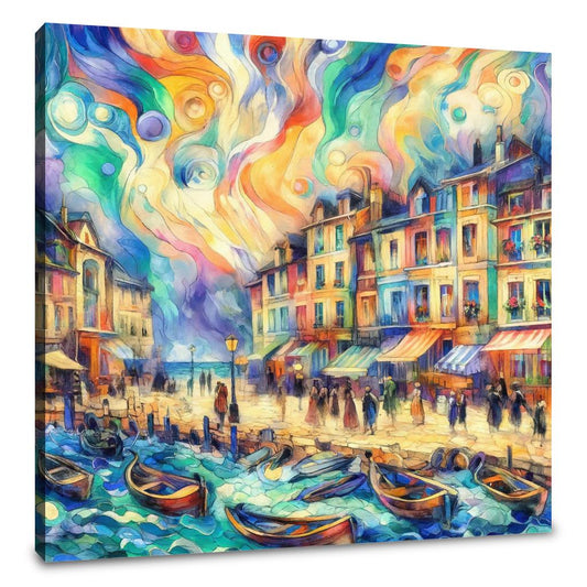 Whimsical Seaside Village Canvas