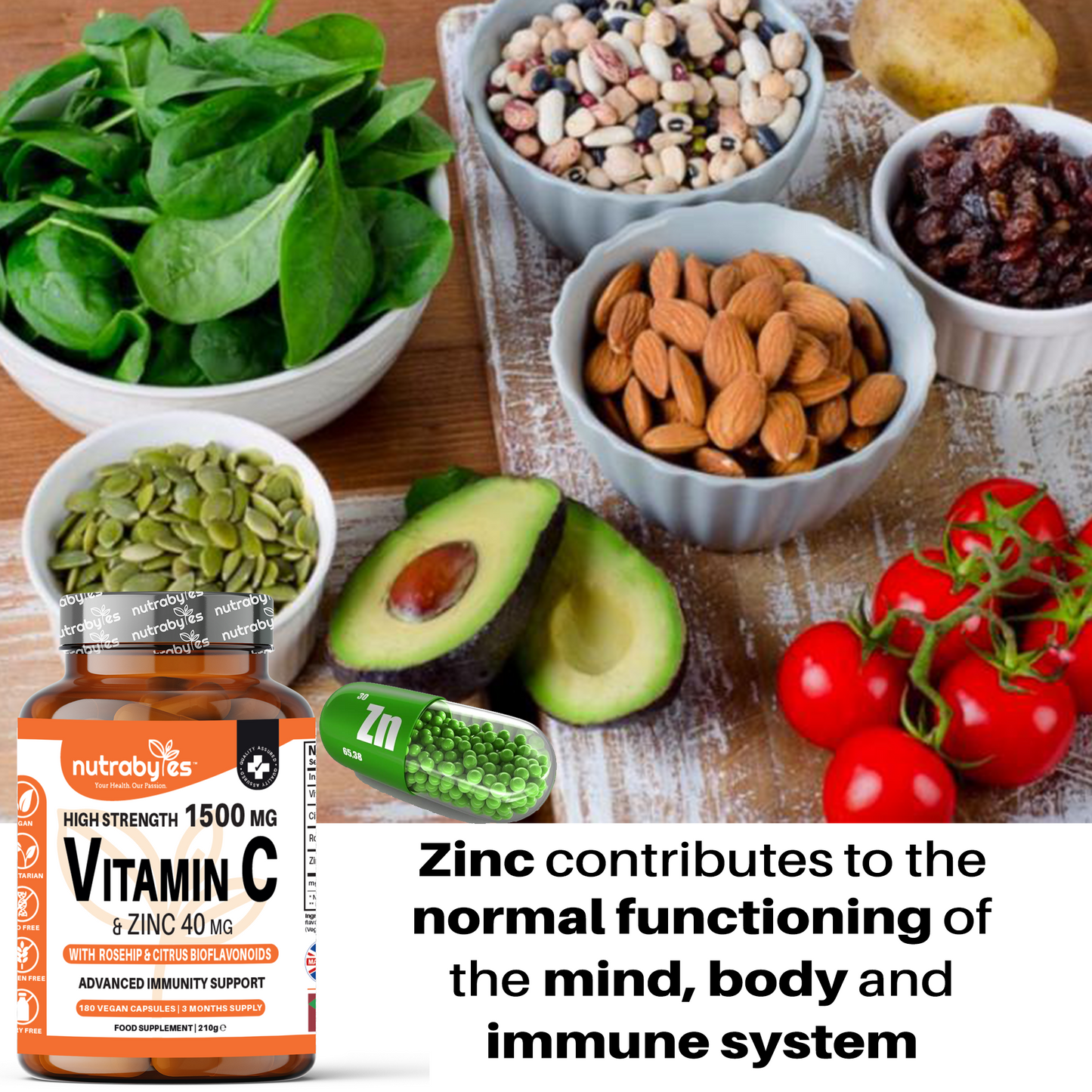 High Strength Vitamin C 1500mg and Zinc 40mg | High Strength Vegan Capsules | Advanced Immunity Support | Sugar Free | 3 Months Supply | Made in the UK