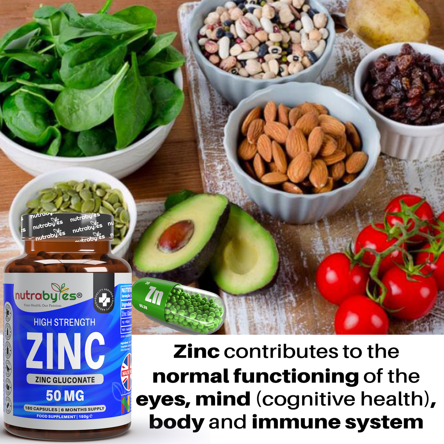 Zinc (Gluconate) 50mg | Maximum Strength, Pure Zinc Capsules | 180 Vegan Capsules | 6 Months Supply | Immunity Support, Eye & Skin Health | Made in the UK