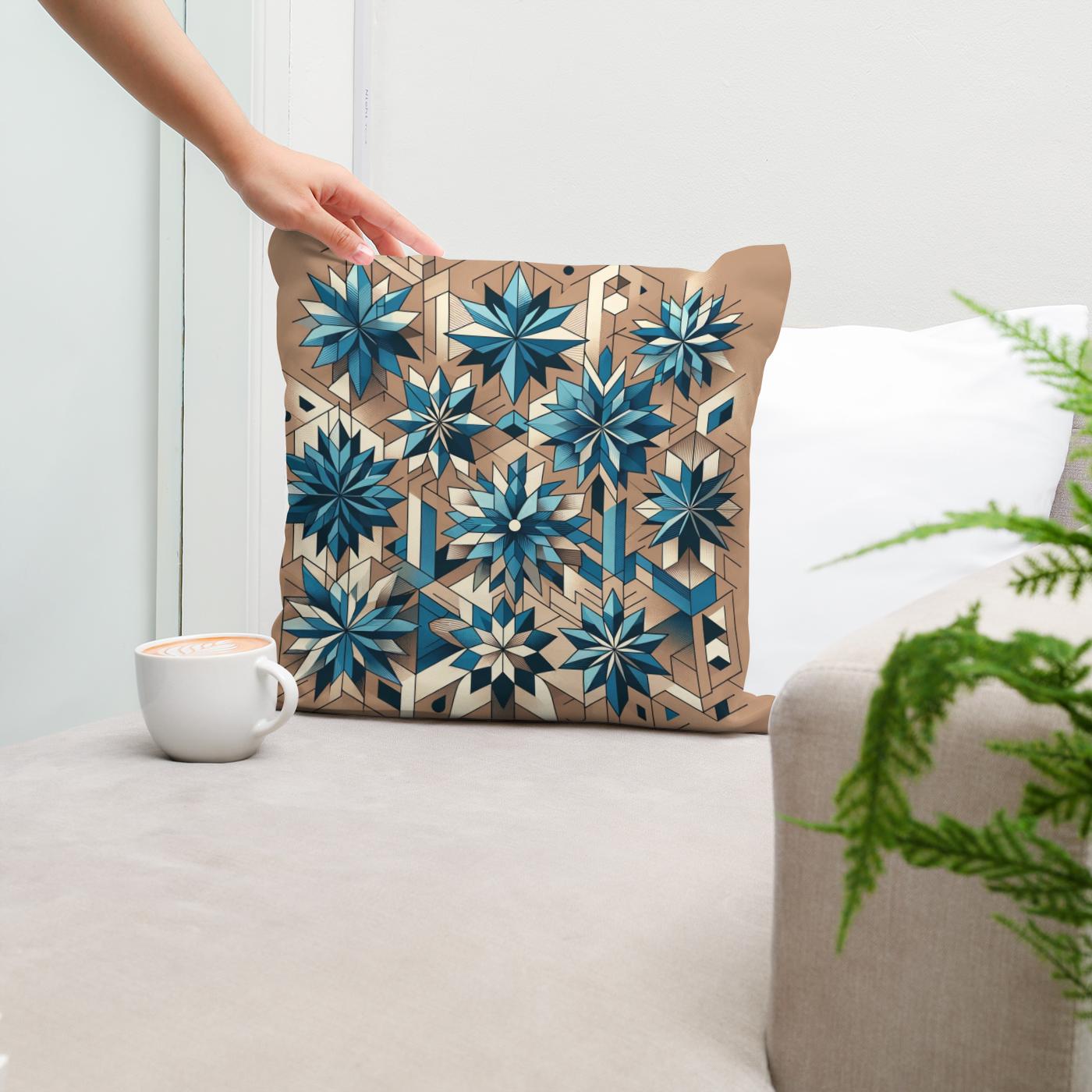 Geometric Blue Blossoms Cotton Cushion