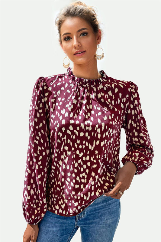 Animal Print Frill Detail High Neck Top In Wine