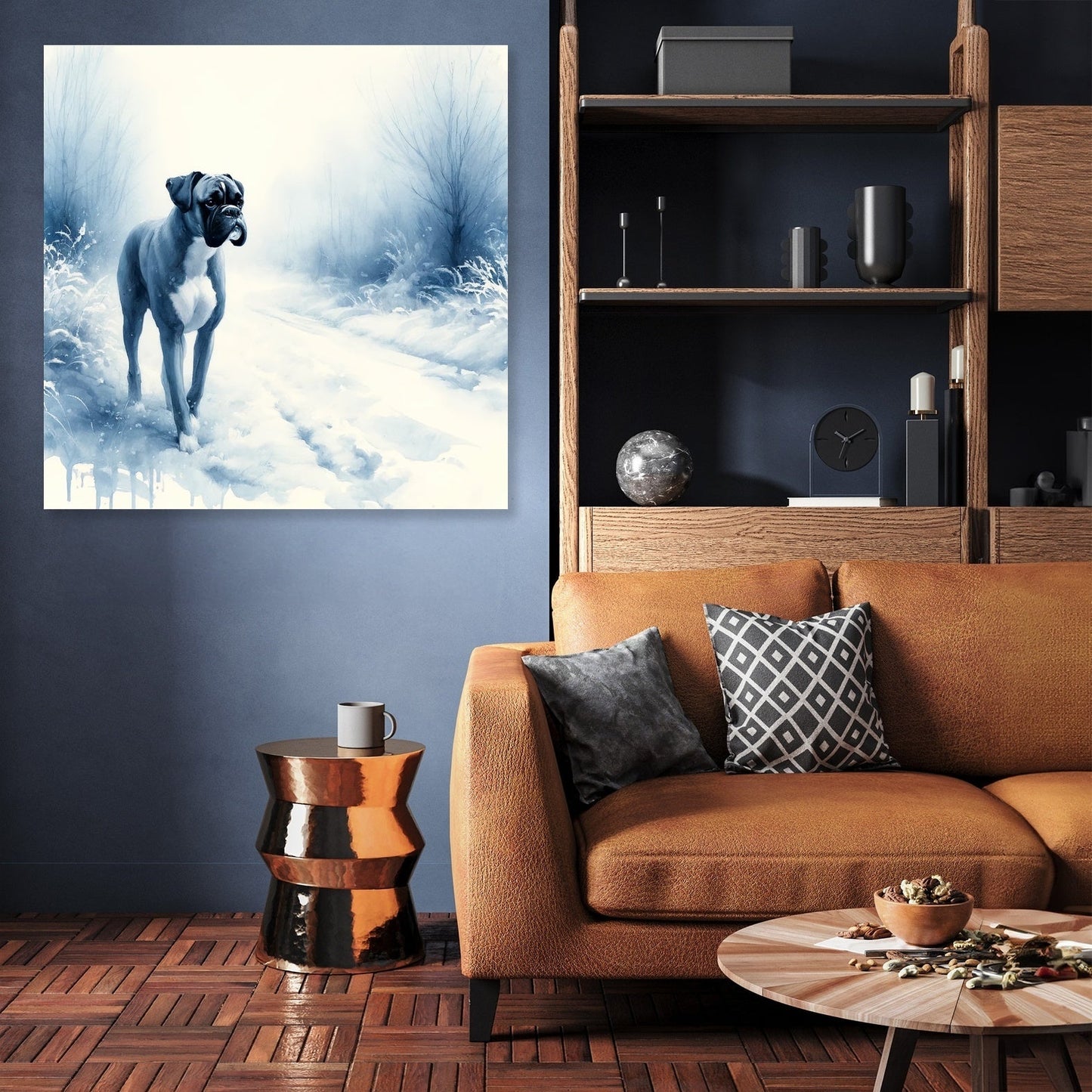Boxer's Winter Walk Snowy Scene Canvas