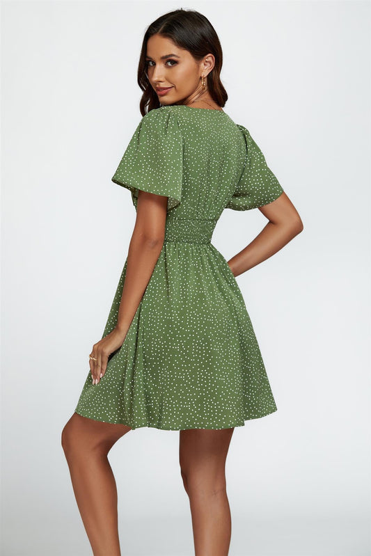 Dot Print Short Sleeve Mini Dress In Green