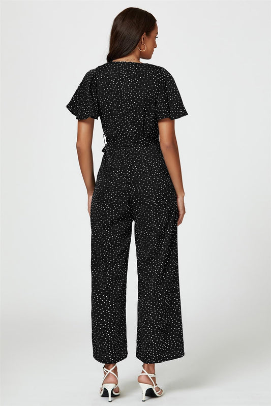 Dot Print Wrap Top Jumpsuit In Black