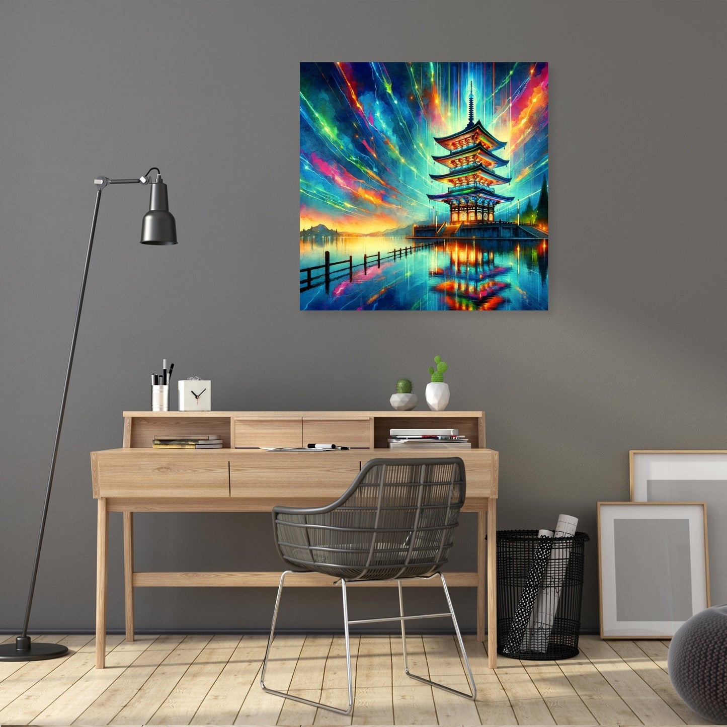 Neon Reflection Pagoda Canvas