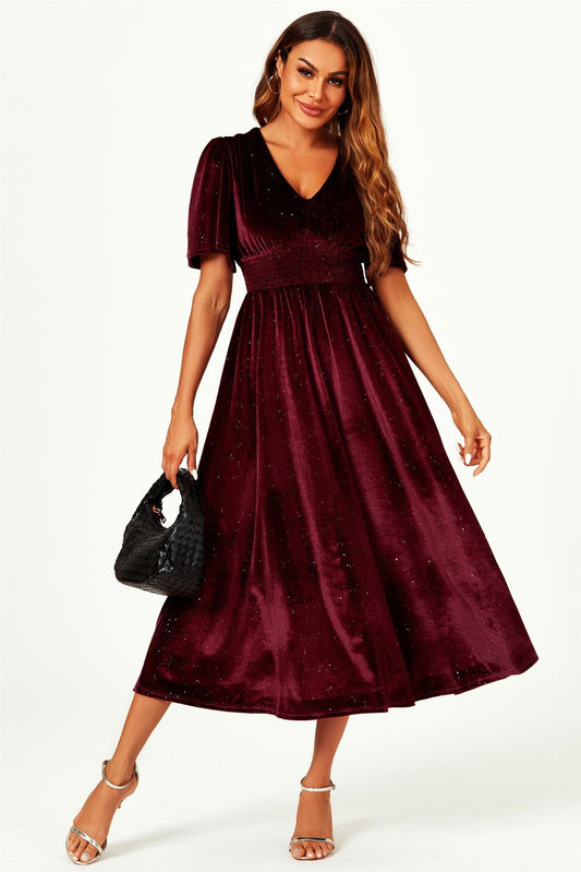 V Neck Velvet Midi Dress In Wine