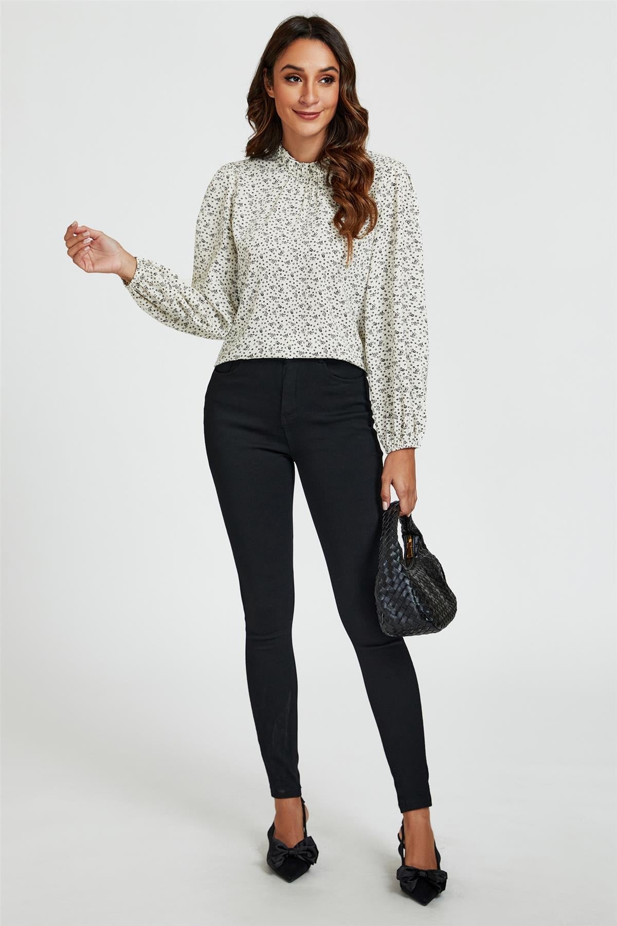 Little Floral Print Frill Detail High Neck Top In White