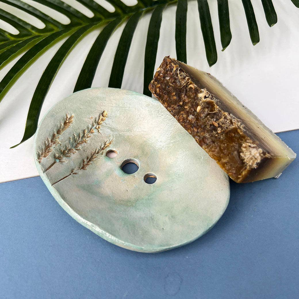 Green and Gold Ceramic Soap Dish With Drainage
