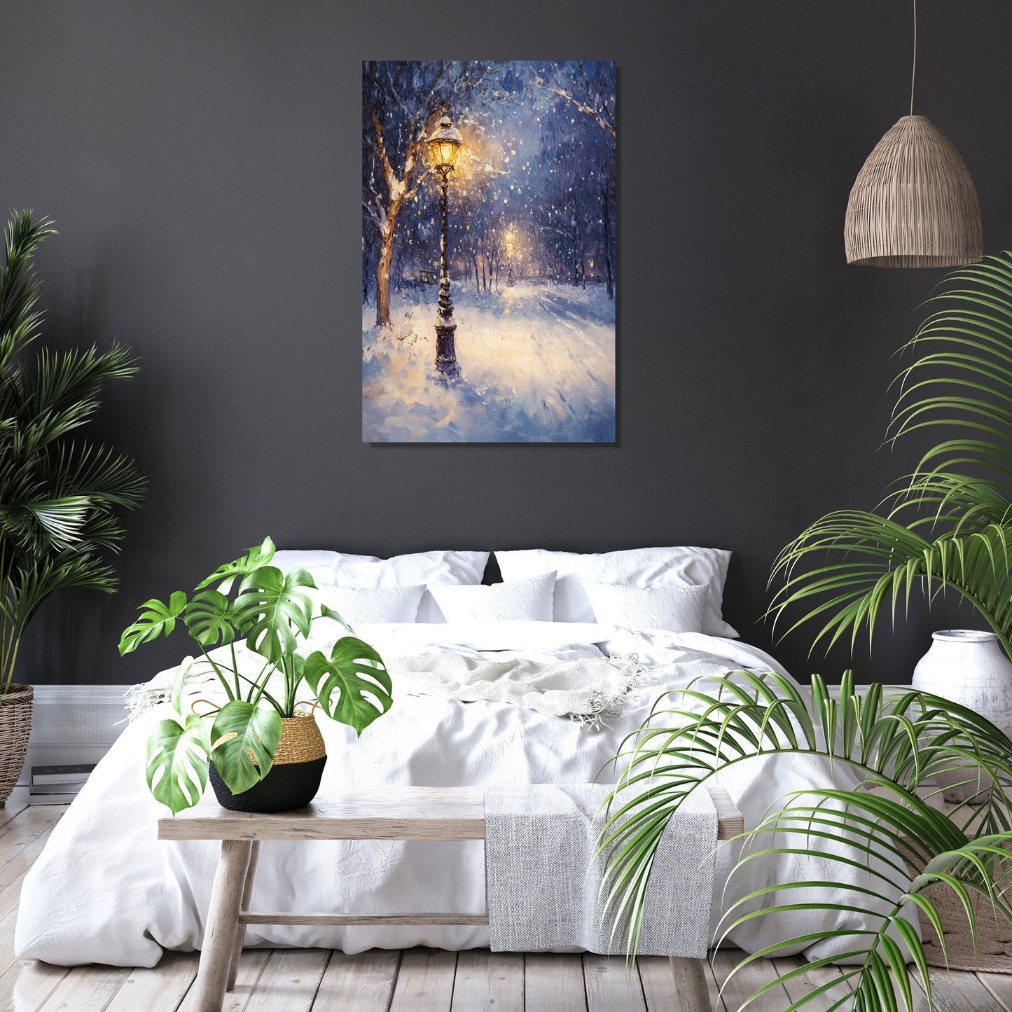 Snowfall Under Lamplight Canvas