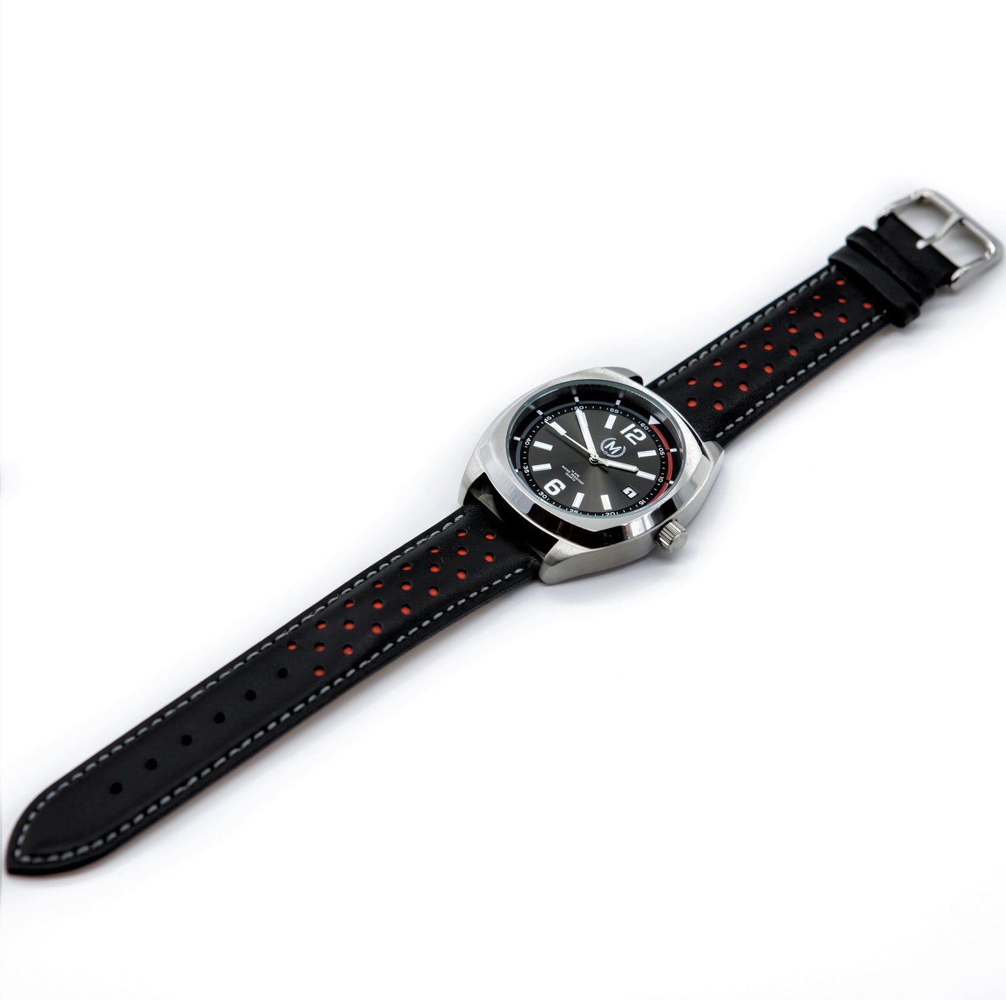 Black And Red Leather Rally Watch Strap, Silver Buckle