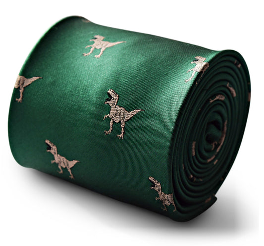 green tie with t-rex dinosaur print design