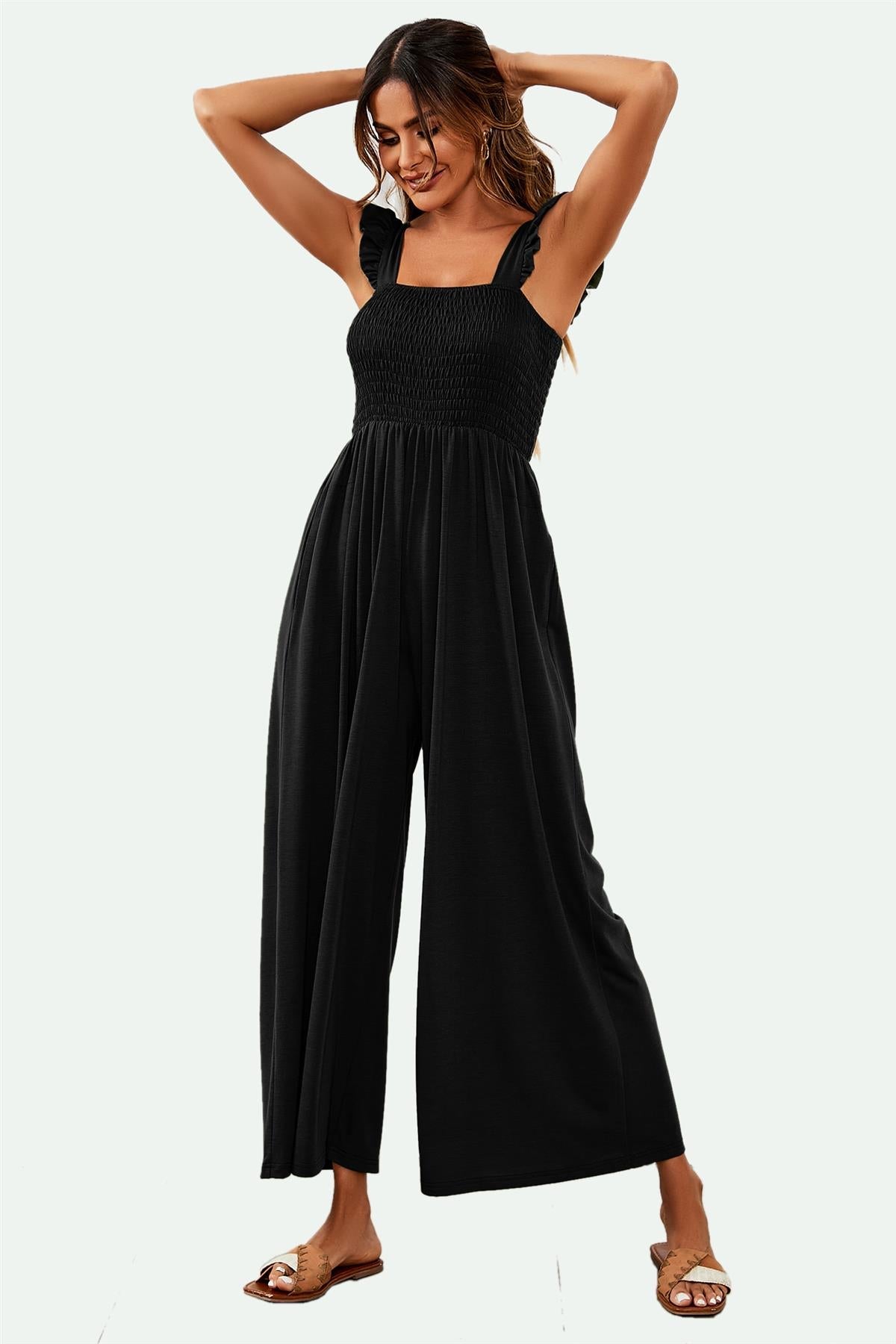 Frill Detail Strappy Jumpsuit In Black