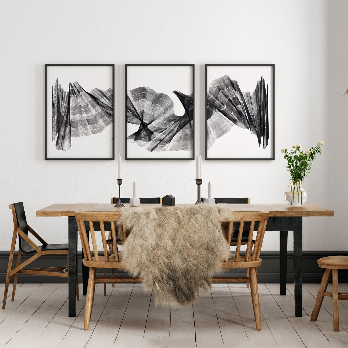 Abstract Art Painting Charcoal Flowing Forms Wall Art Prints | Set of 3