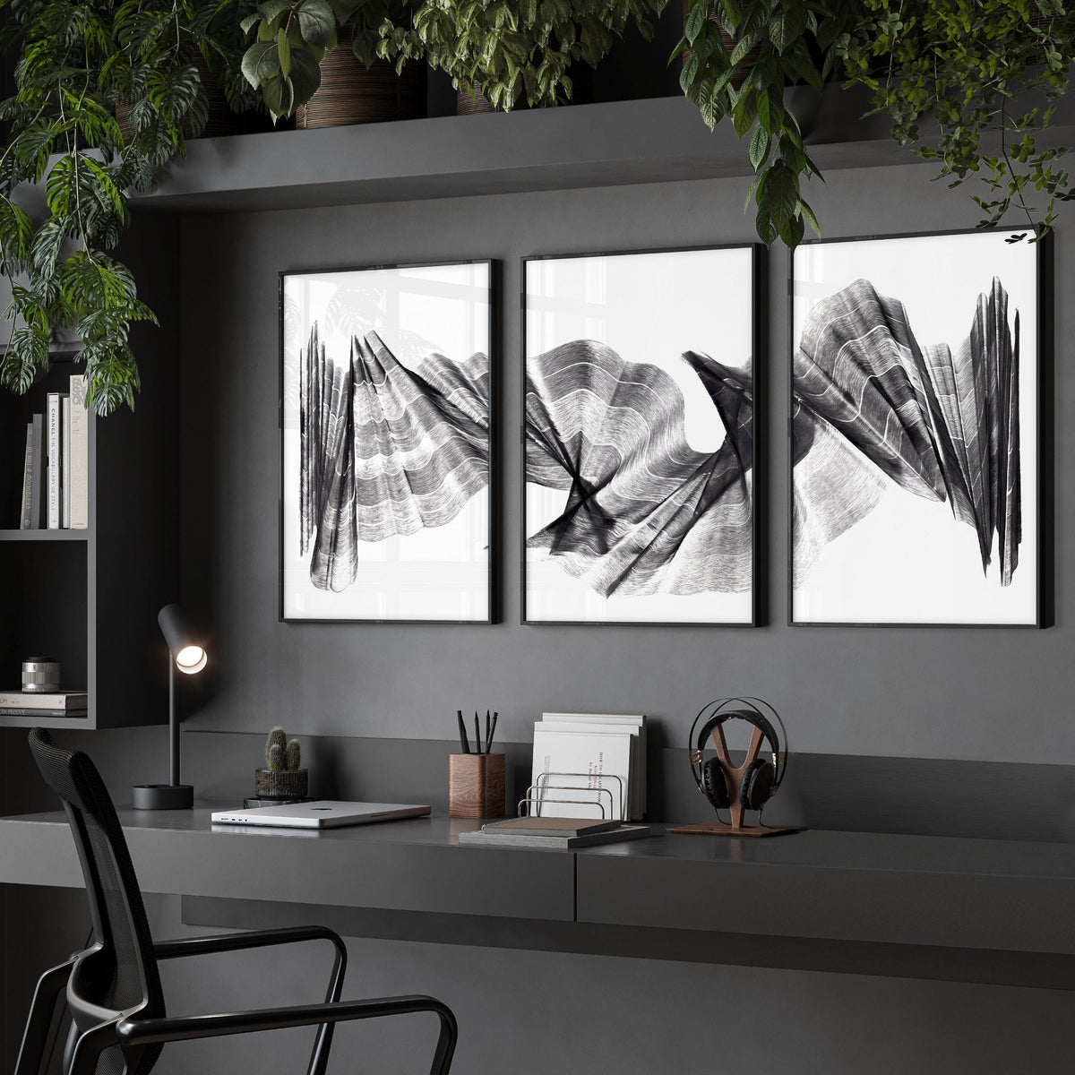 Abstract Art Prints Charcoal Flowing Waves Minimalist Line Art | Set of 3