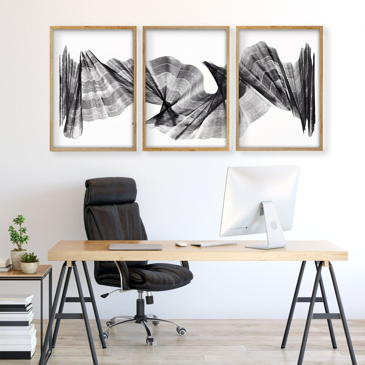 Abstract Art Prints Charcoal Flowing Waves Minimalist Line Art | Set of 3