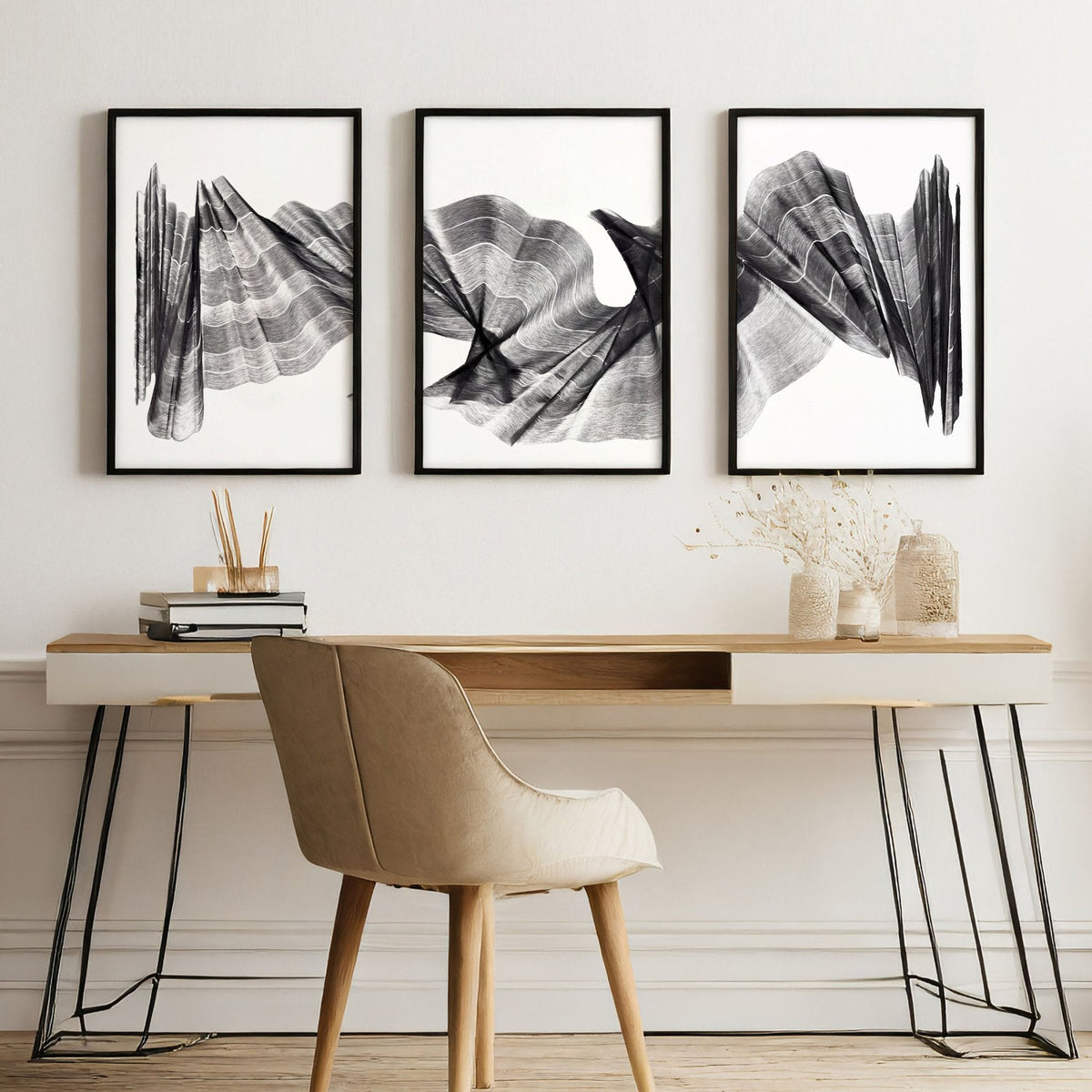 Abstract Art Prints Charcoal Flowing Waves Minimalist Line Art | Set of 3