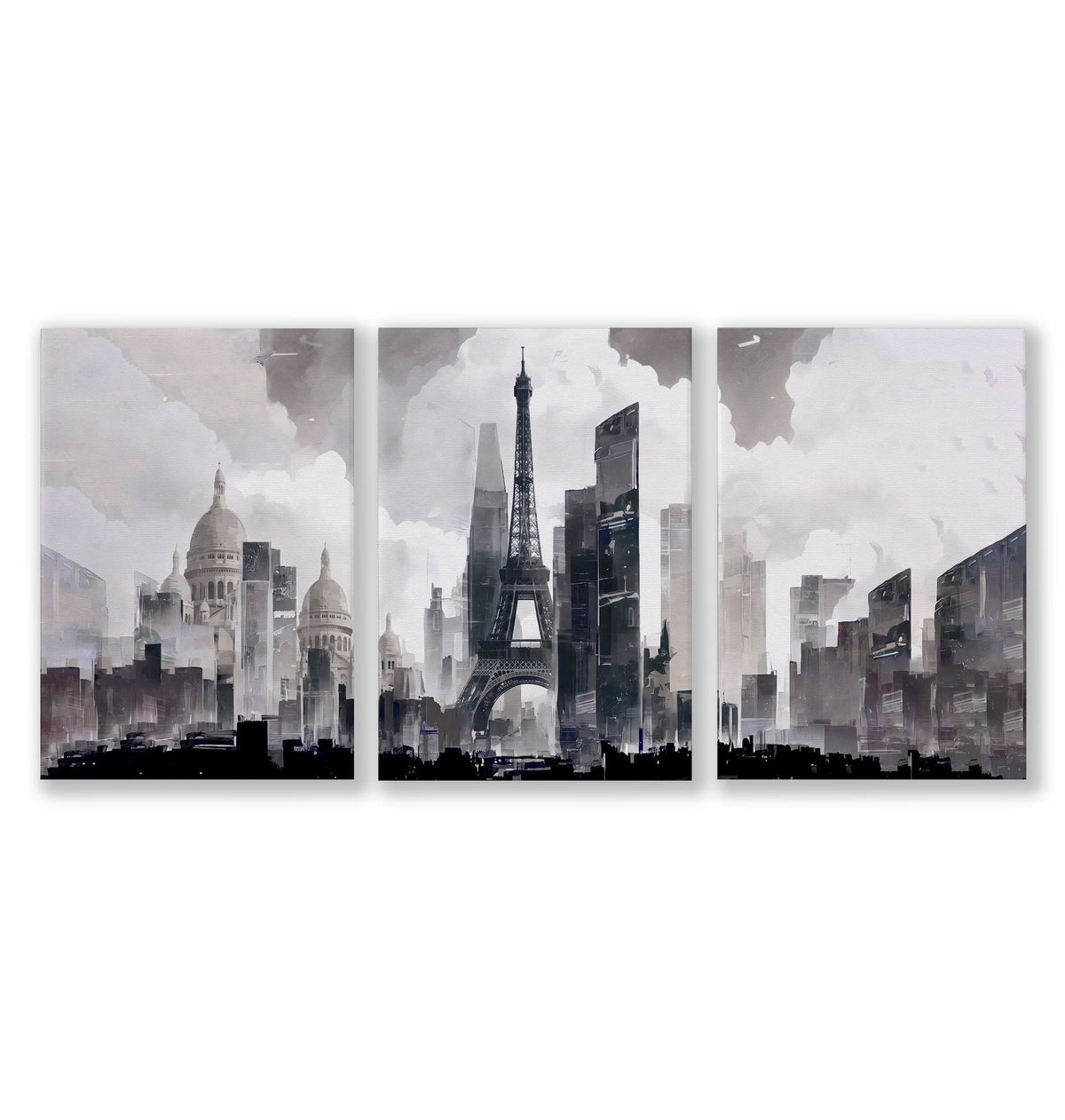 Abstract Artwork Painting Paris City Skyline Grey Beige Urban Wall Art Prints | Set of 3