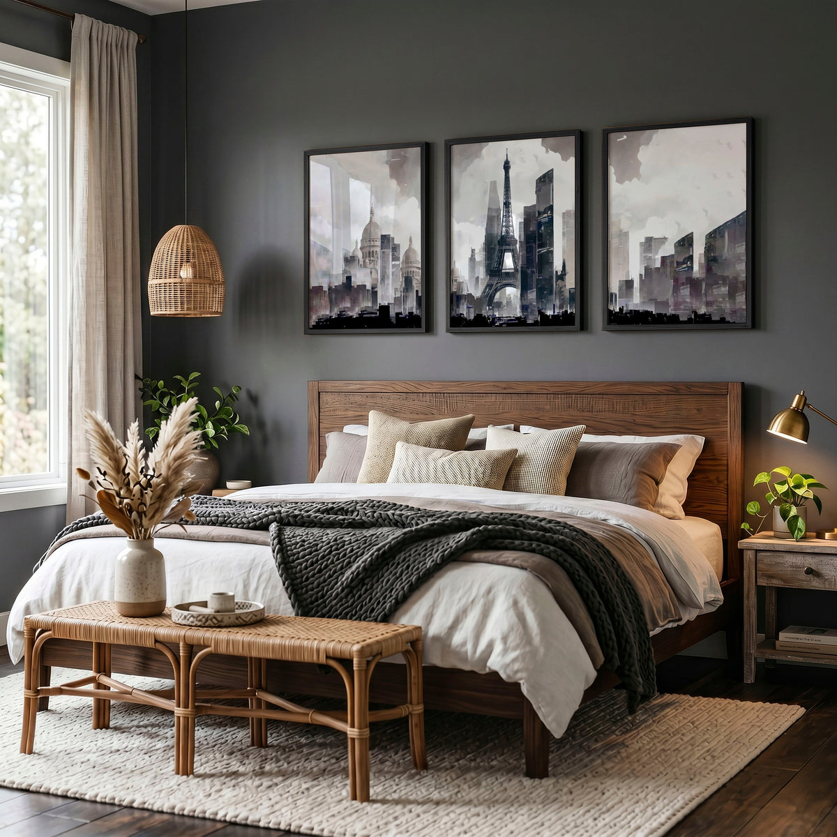 Abstract Artwork Painting Paris City Skyline Grey Beige Urban Wall Art Prints | Set of 3