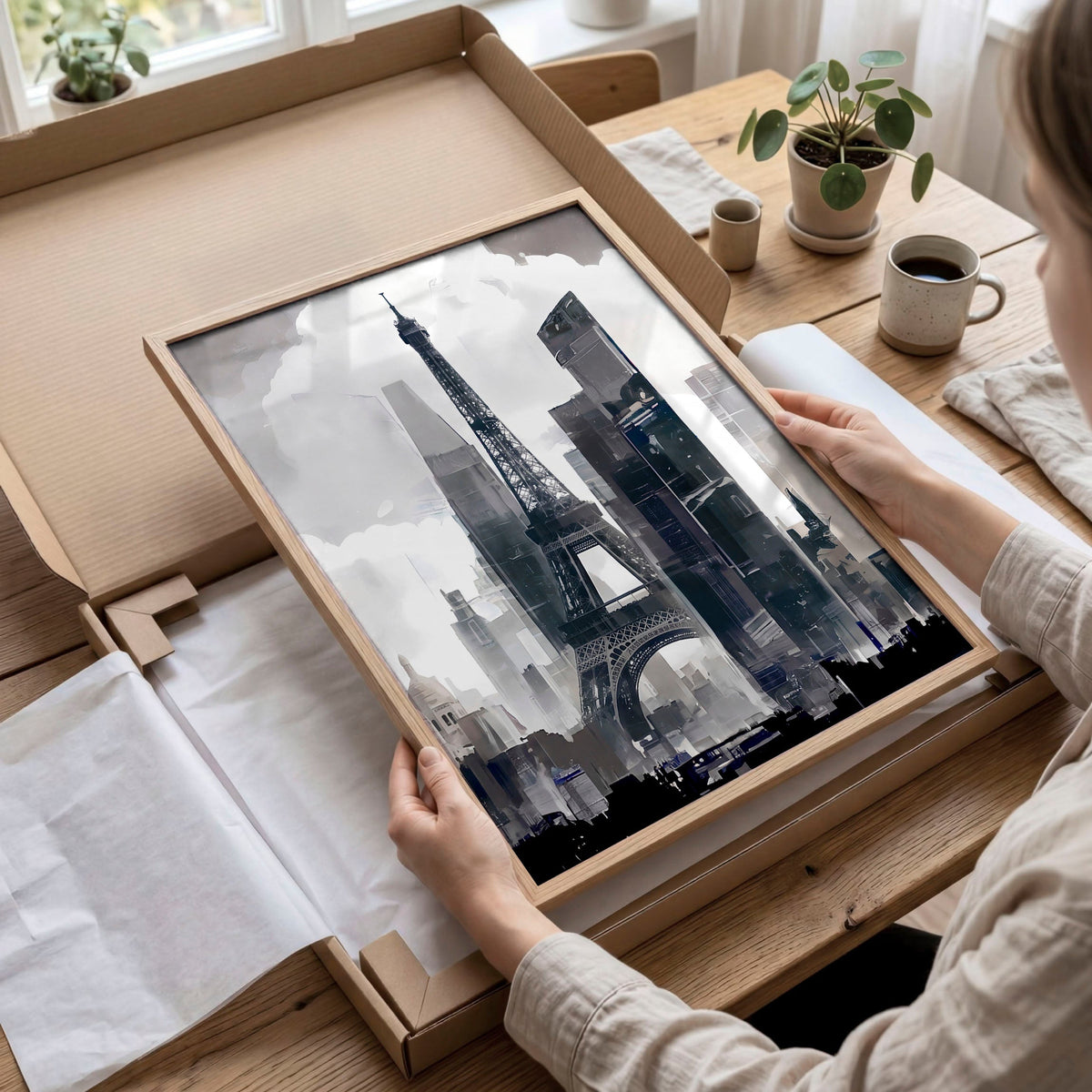 Abstract Artwork Painting Paris City Skyline Grey Beige Urban Wall Art Prints | Set of 3