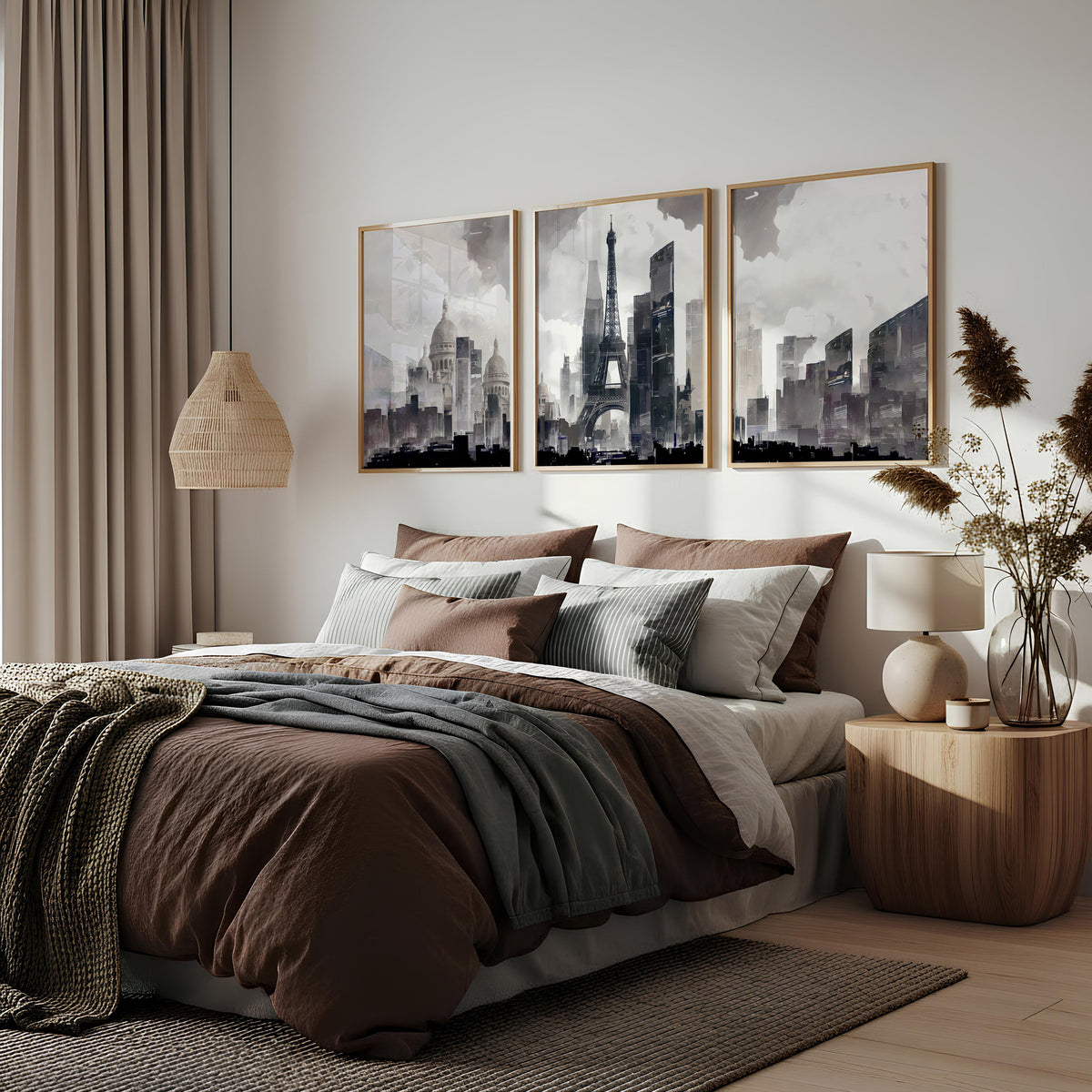 Abstract Artwork Painting Paris City Skyline Grey Beige Urban Wall Art Prints | Set of 3