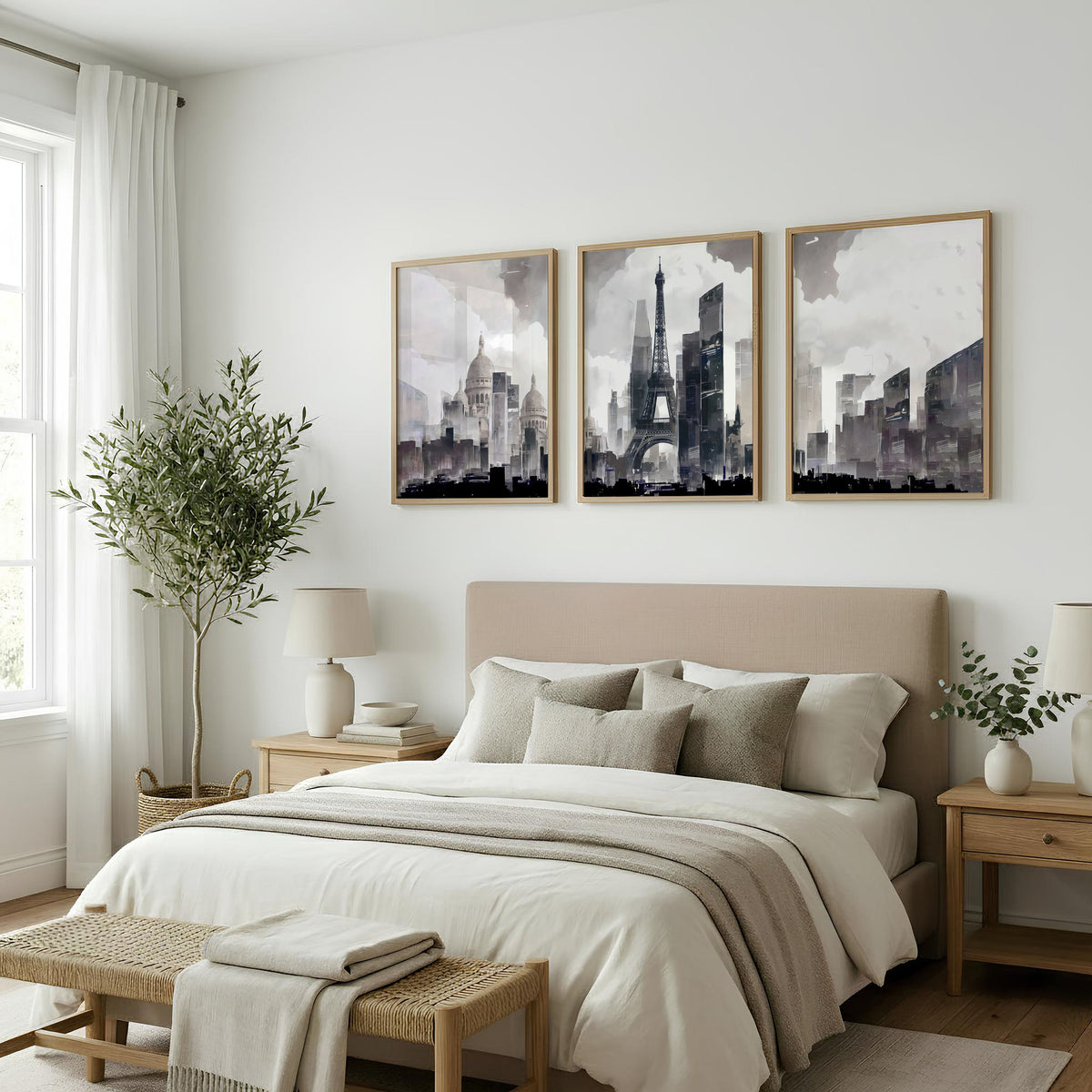 Abstract Artwork Painting Paris City Skyline Grey Beige Urban Wall Art Prints | Set of 3