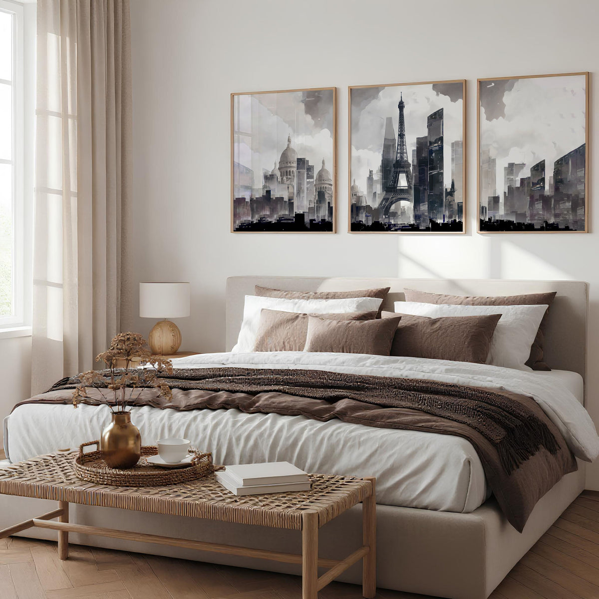 Abstract Artwork Painting Paris City Skyline Grey Beige Urban Wall Art Prints | Set of 3