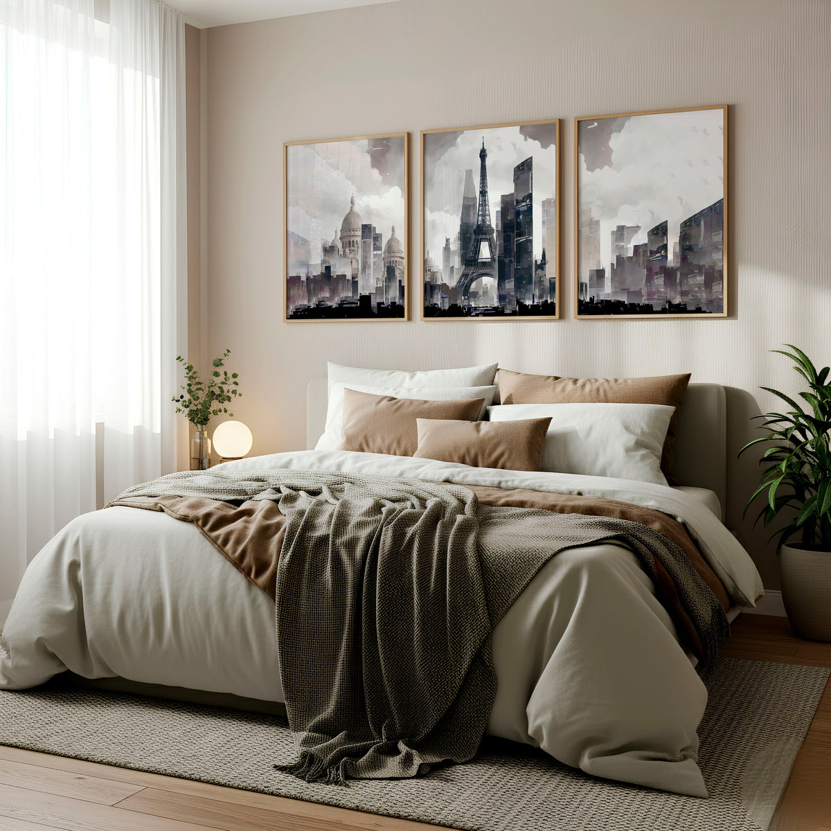 Abstract Artwork Painting Paris City Skyline Grey Beige Urban Wall Art Prints | Set of 3