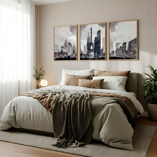 Abstract Artwork Painting Paris City Skyline Grey Beige Urban Wall Art Prints | Set of 3