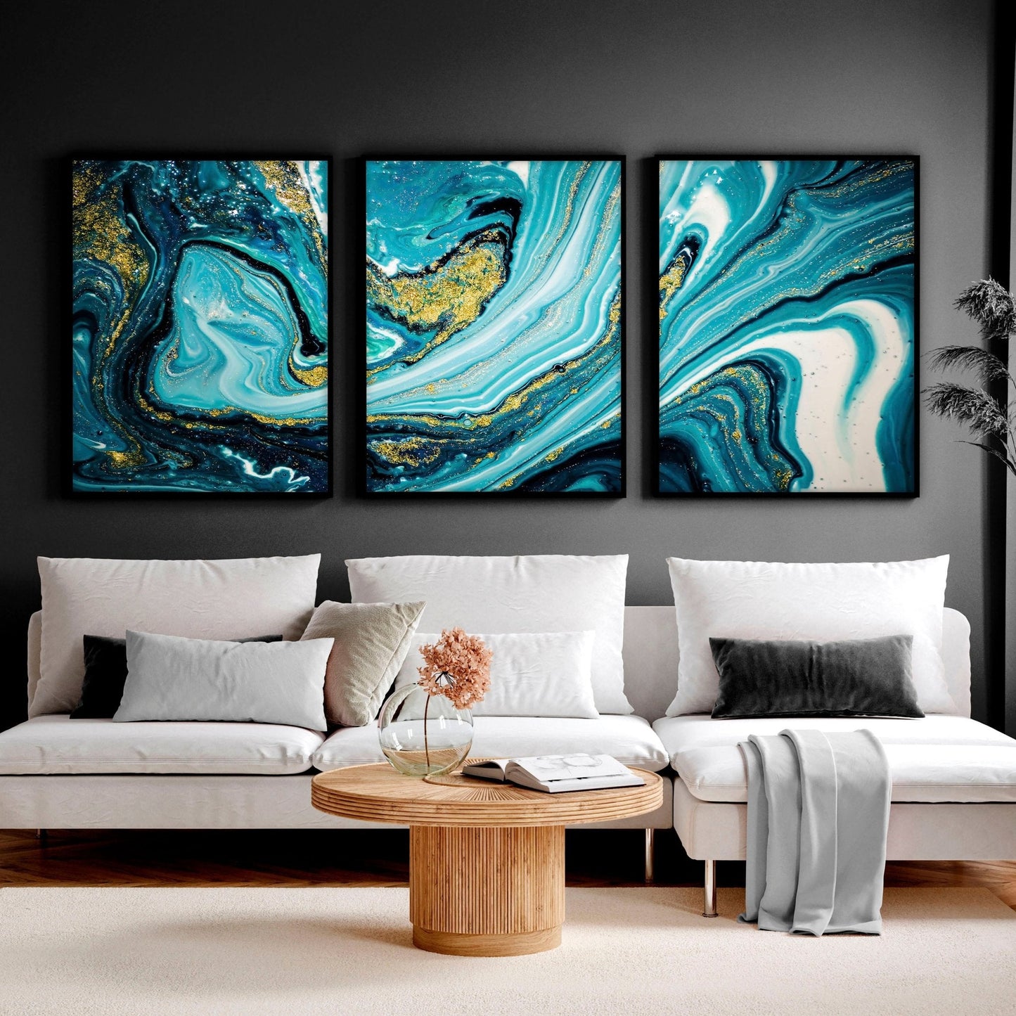 Teal painting | set of 3 Abstract Marble wall art prints