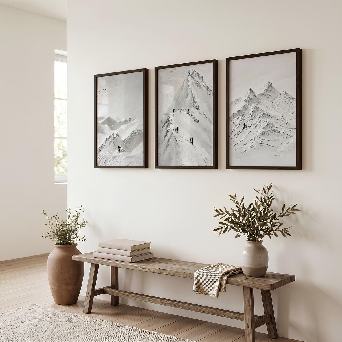 Abstract Mountain Art White Snow Climbers Scandinavian Landscape Wall Art Prints | Set of 3
