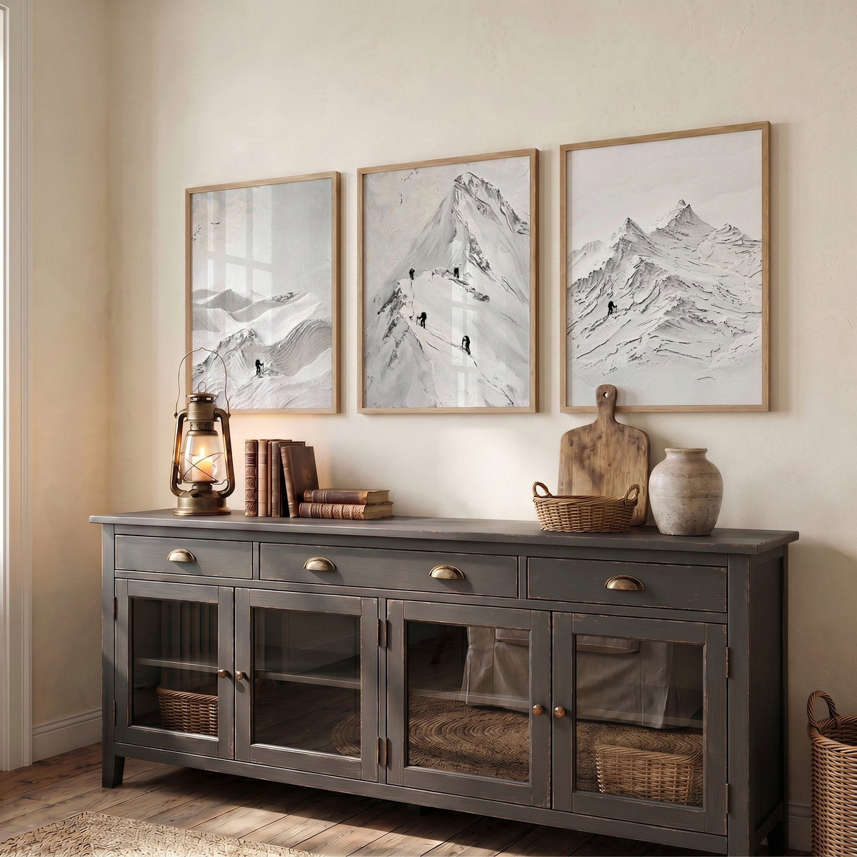 Abstract Mountain Art White Snow Climbers Scandinavian Landscape Wall Art Prints | Set of 3