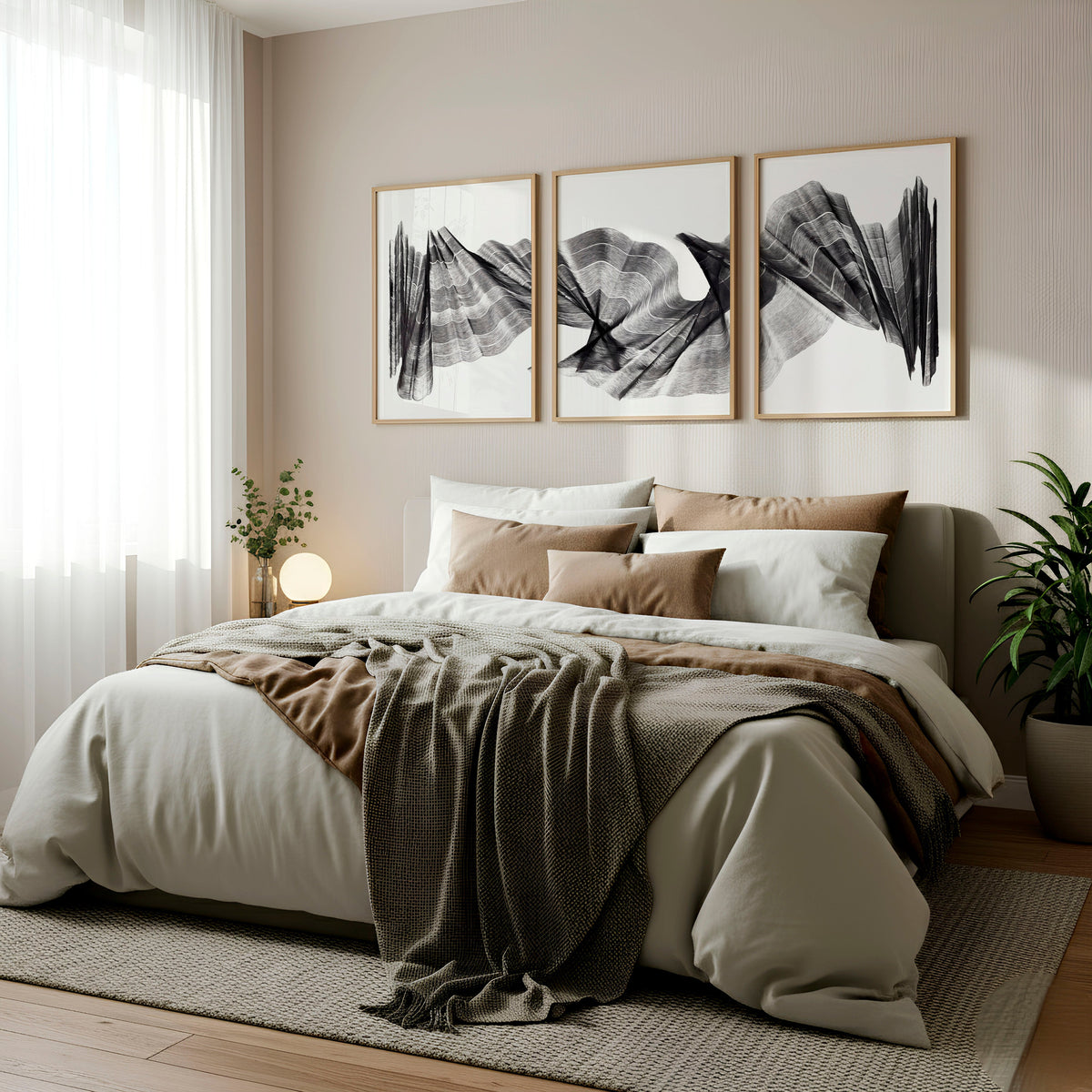 Abstract Painting Art Print Charcoal Flowing Textured Wave | Set of 3