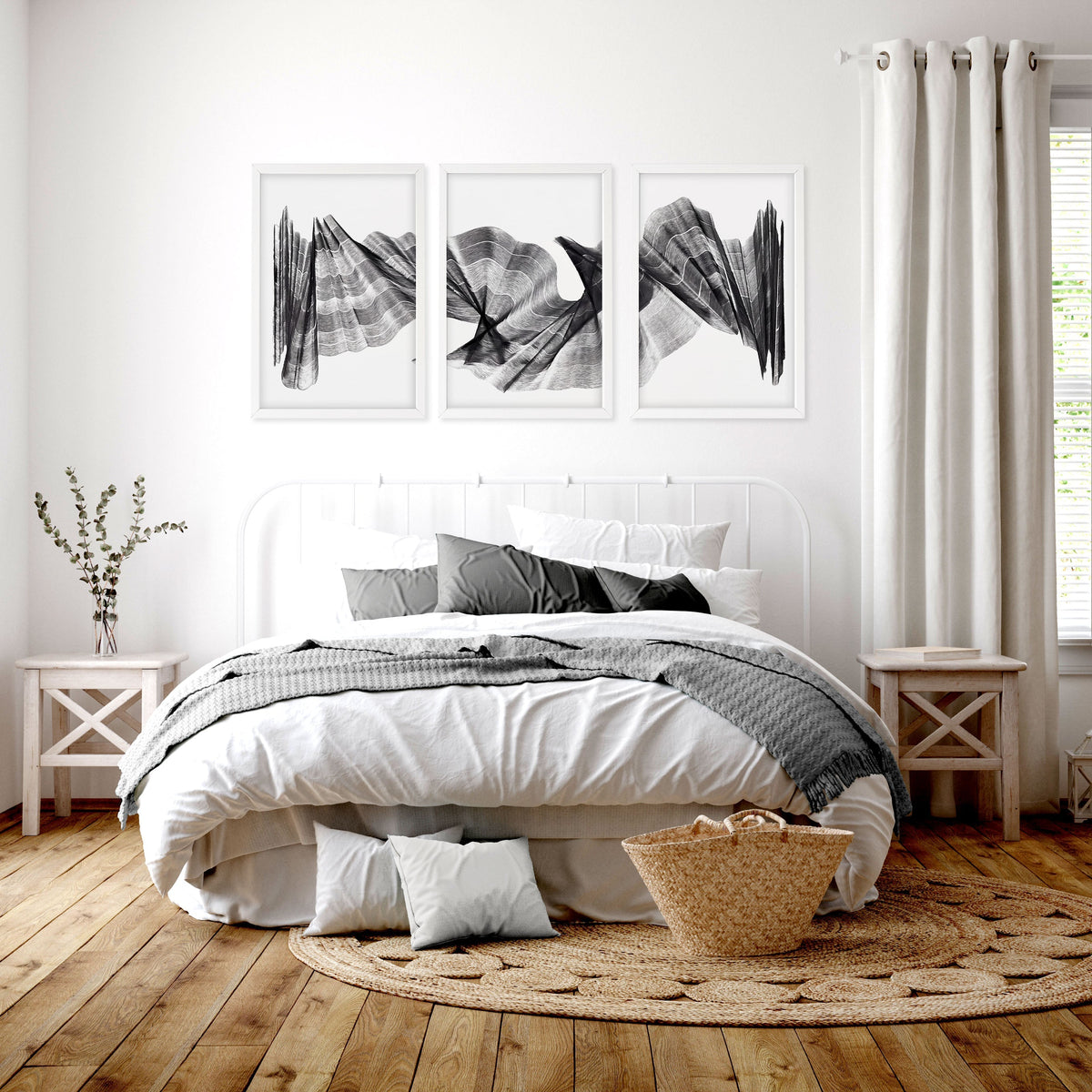 Abstract Painting Art Print Charcoal Flowing Textured Wave | Set of 3