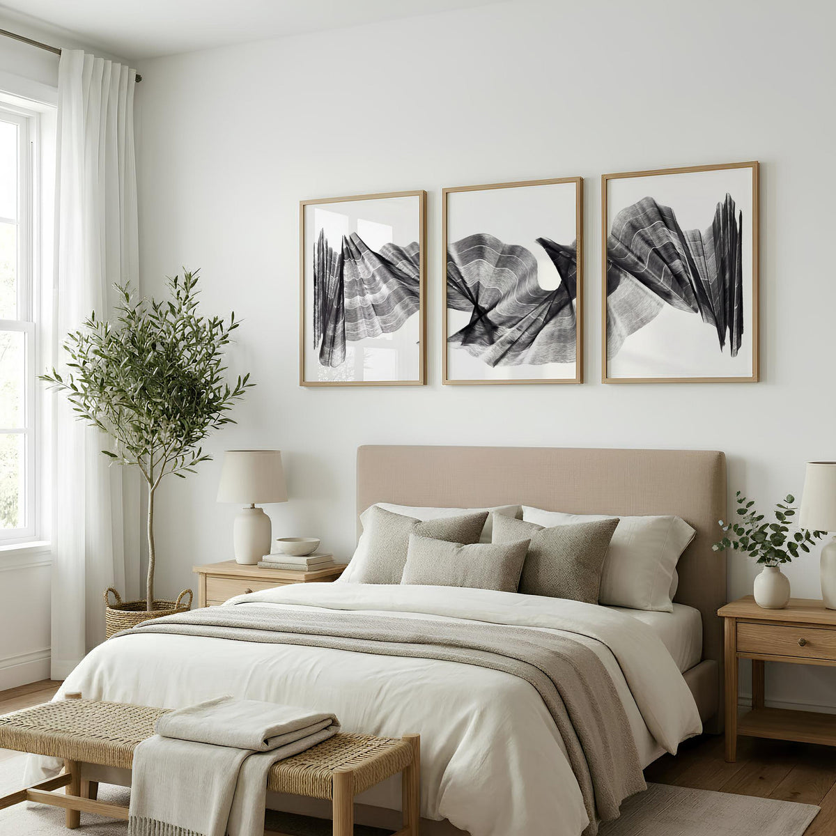 Abstract Painting Art Print Charcoal Flowing Textured Wave | Set of 3