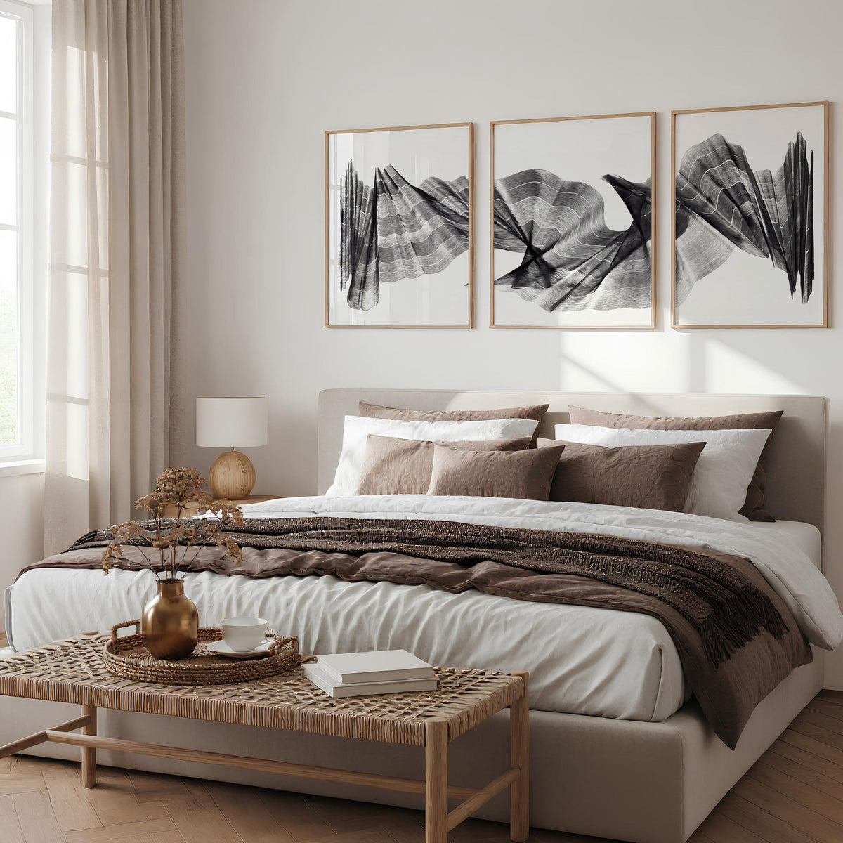 Abstract Painting Art Print Charcoal Flowing Textured Wave | Set of 3