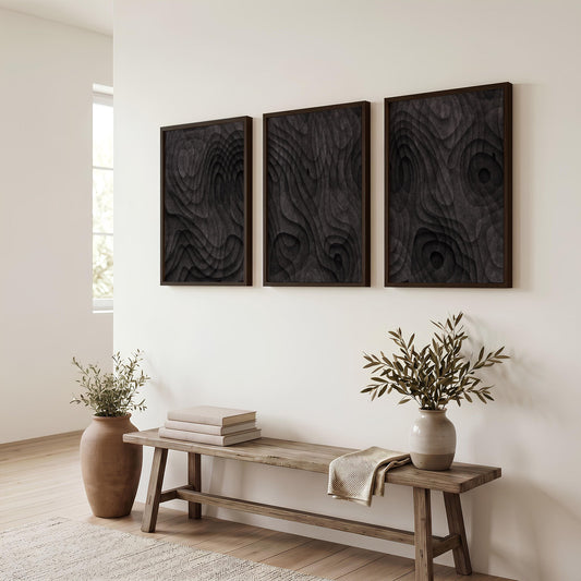 Abstract Painting Dark Charcoal Topographic Wave Texture Wall Art Prints | Set of 3