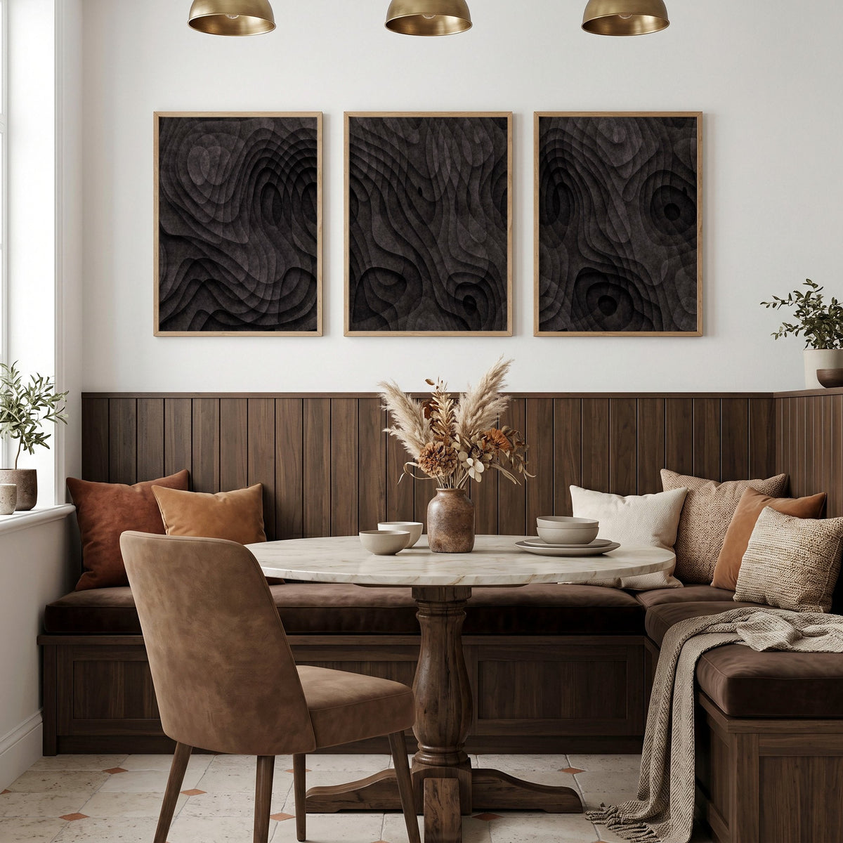 Abstract Wall Art Paintings Dark Charcoal Topographic Wave Texture | Set of 3